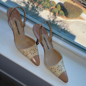 Manolo Blahnik Floral Cutout Heels in Cream and Tan